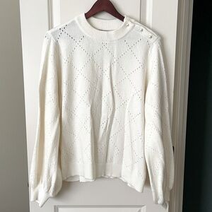 Who What Wear Cream Sweater with Bubble Sleeve and Pearl Button Accent